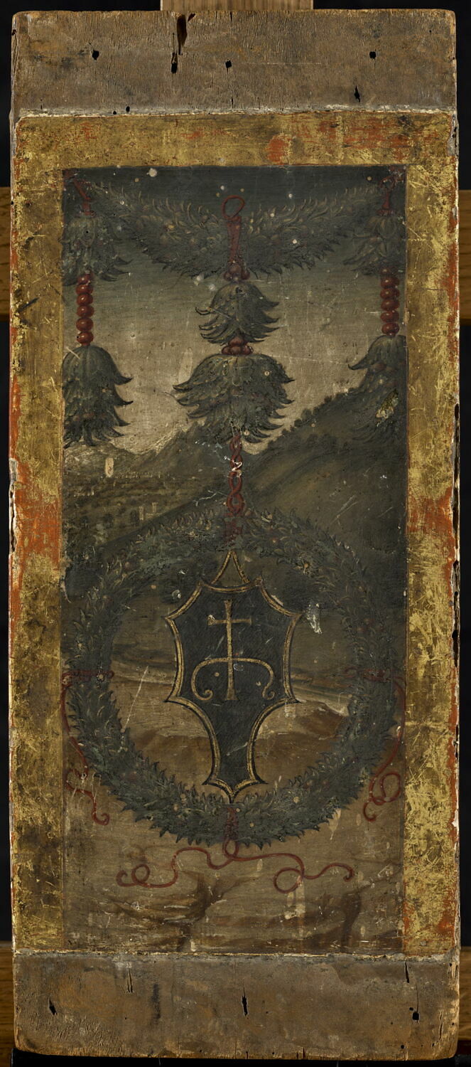 Blason inscrit dans une couronne de feuillage sur un fond de paysage, Niccolò di Liberatore, 1e quart du XVIe siècle (1500 - 1525)
