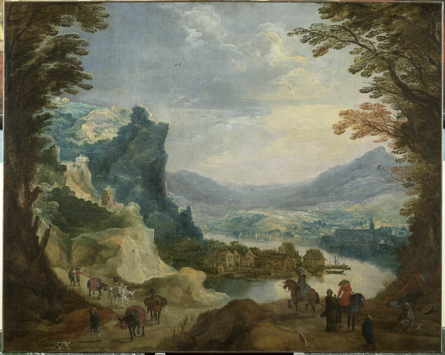 Paysage traversé par une rivière avec quatre mulets chargés et trois bohémiennes, Momper, Joos de, 1e quart du XVIIe siècle (1620 - 1630)