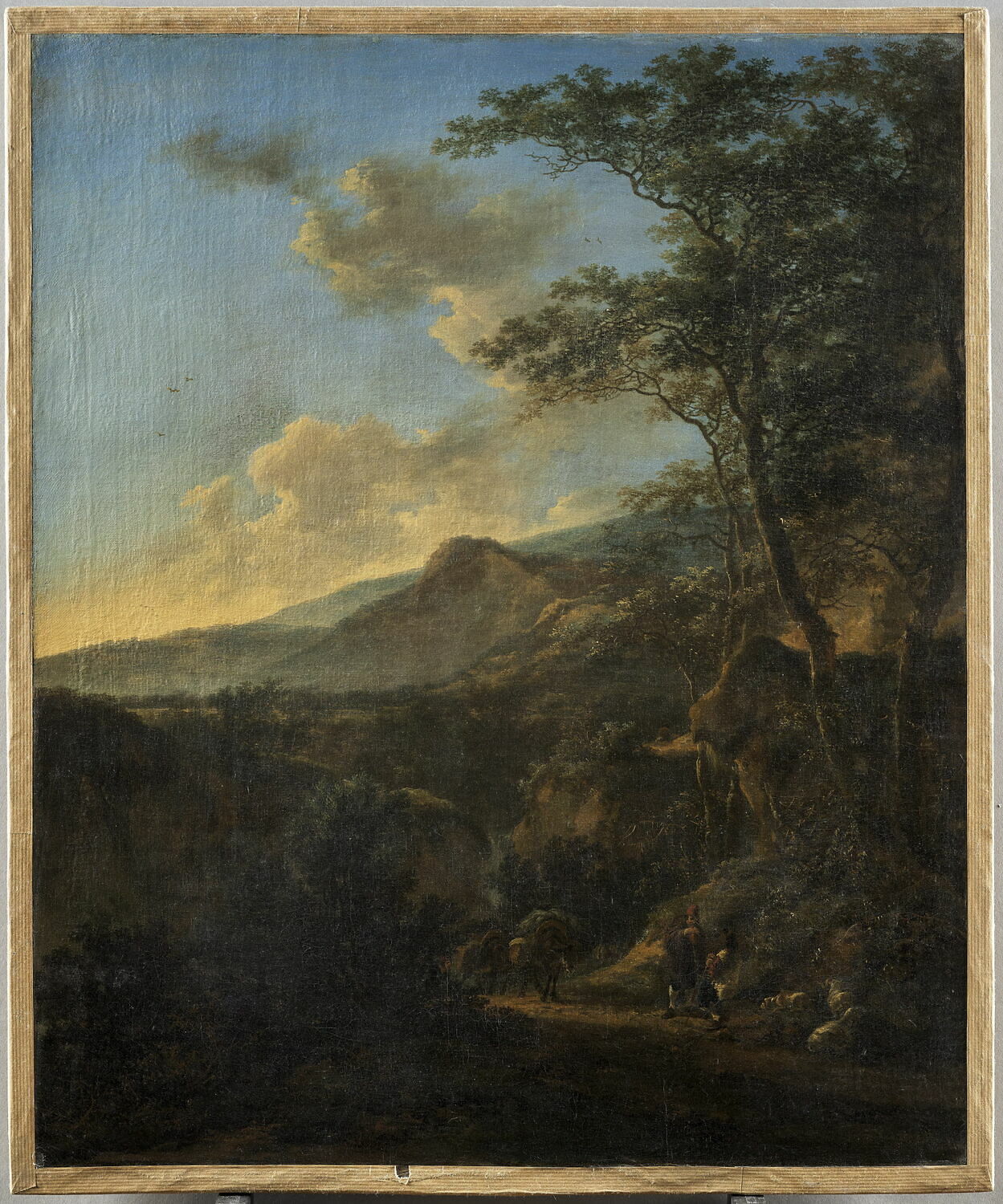 Paysage avec pâtres et muletiers dans un chemin creux, au soleil couchant, Both, Jan Dirksz., 2e quart du XVIIe siècle (1625 - 1650)