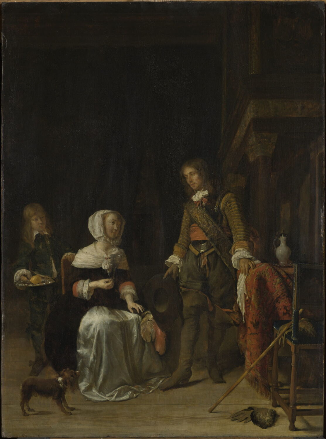 Un militaire rendant visite à une jeune femme, Metsu, Gabriel, 3e quart du XVIIe siècle (Vers 1660-1661, de la période de maturité, sous l'influence de Ter Borch.) (1660 - 1661)