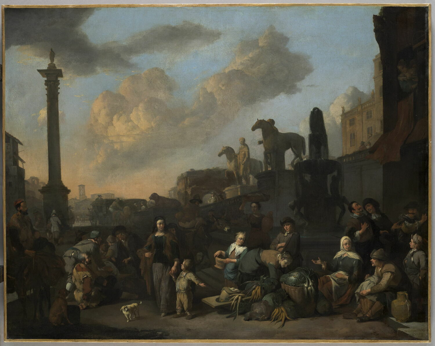 Le marché aux herbes à Rome, près du Capitole, vue de fantaisie, Lingelbach, Johannes, XVIIe siècle (séjour romain de l'artiste entre 1660 et 1670) (vers 1670)