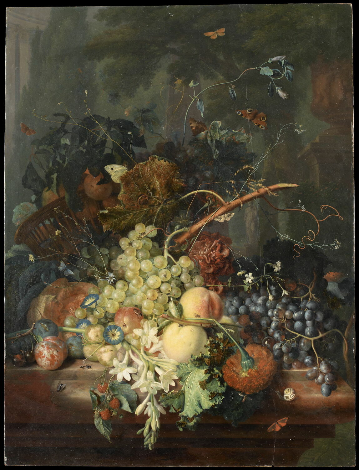 Fruits et fleurs avec corbeille renversée sur fond de parc, Huysum, Jan van, 1e moitié du XVIIIe siècle (1700 - 1750)