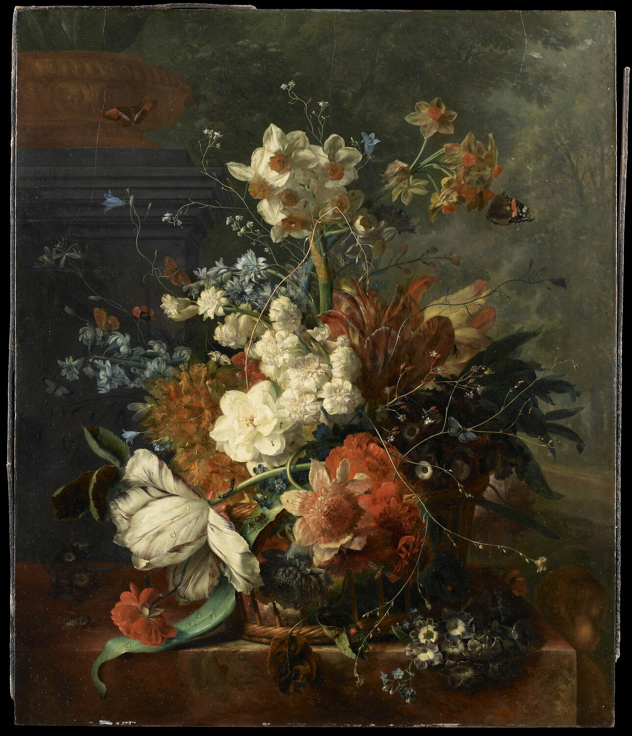 Corbeille de fleurs avec piédestal sur fond de parc, Huysum, Jan van, 1e moitié du XVIIIe siècle (1700 - 1750)