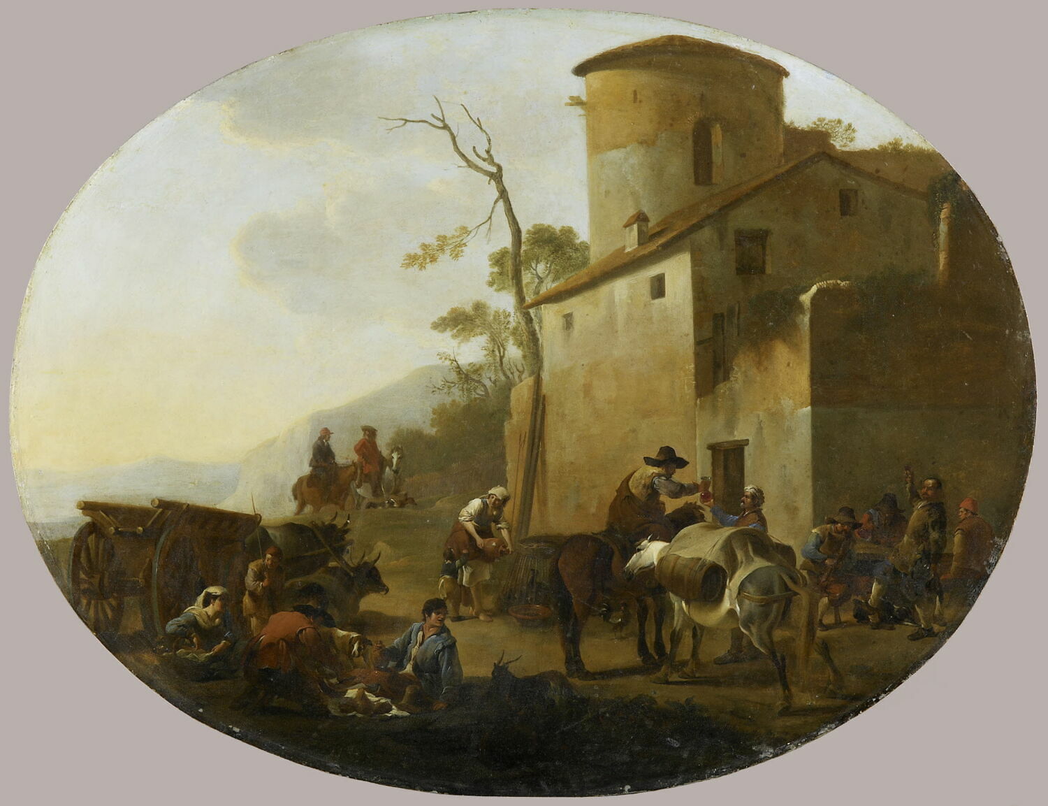 La Dînée des voyageurs. Paysans mangeant près d'une auberge ou se délassant, Miel, Jan, 2e quart du XVIIe siècle (1625 - 1650)