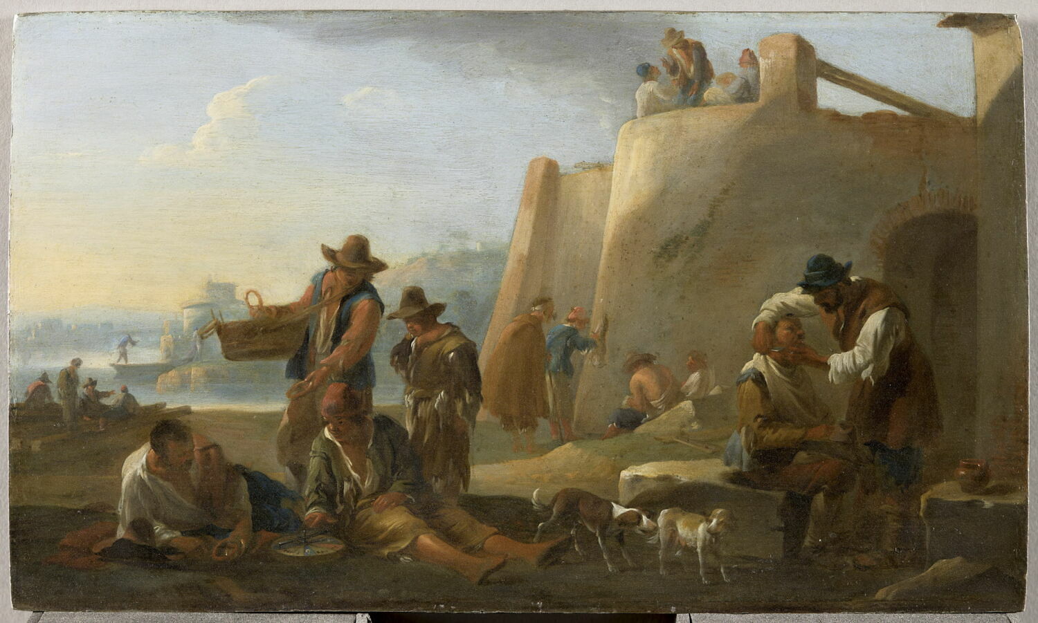 Barbier et Joueurs de roulette. Scène de la vie populaire à Rome, près du Tibre, Miel, Jan, Début du XVIIe siècle (1600 - 1640)