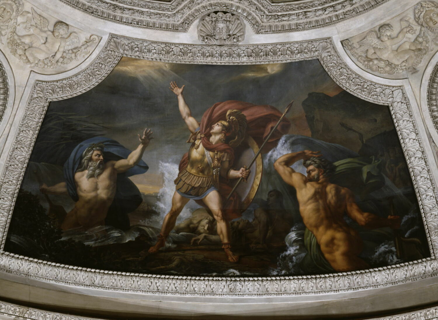 Plafond : L'Eau. Achille près d'être englouti par le Xanthe et le Simoïs,irrités du carnage qu'il a fait des Troyens., Couder, Auguste, 1e quart du XIXe siècle (1800 - 1825)
