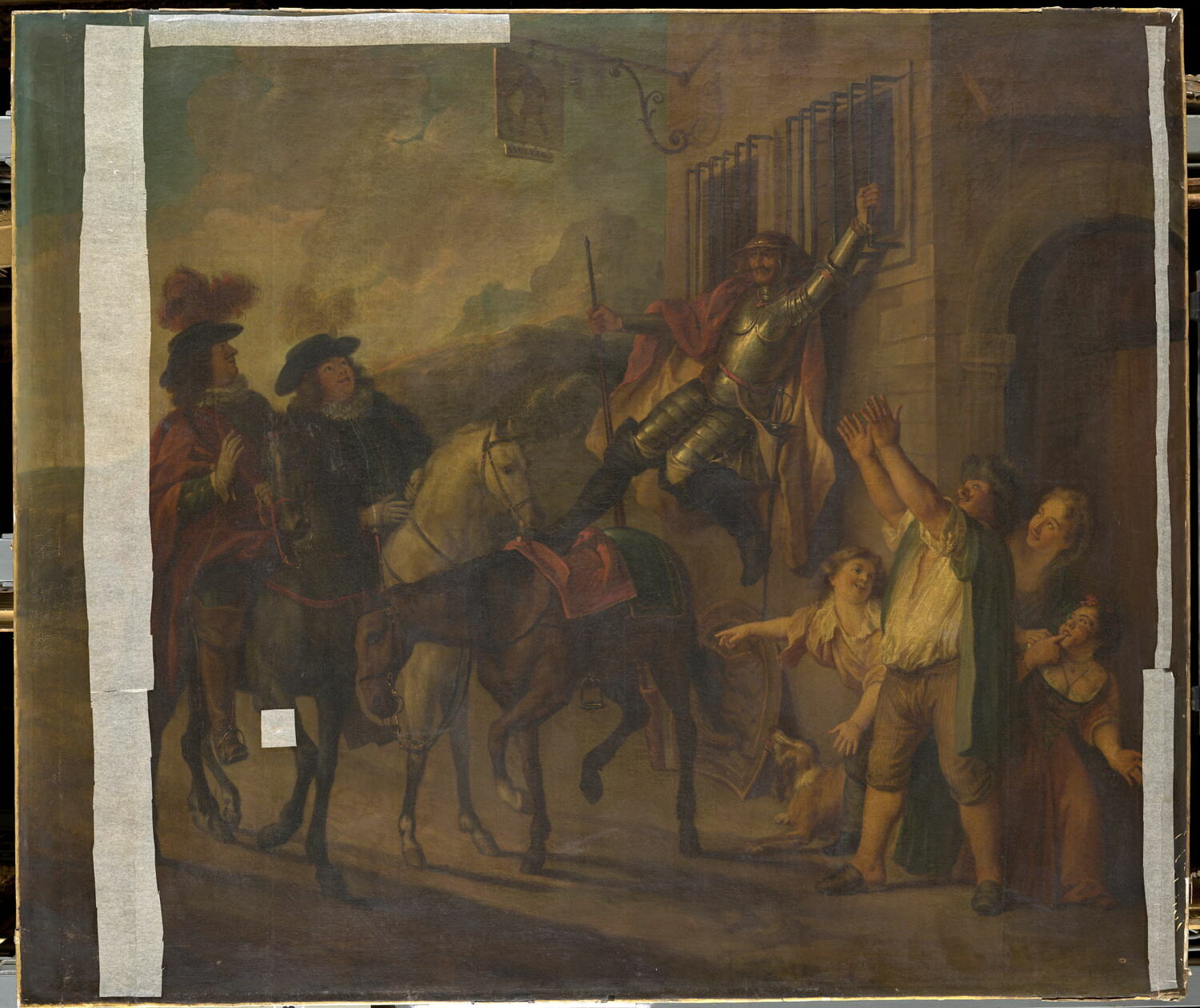 Don Quichotte attaché à une fenêtre par la malice de Maritorne (Cervantes, Don Quichotte)., Coypel, Charles-Antoine, XVIIIe siècle (1732)
