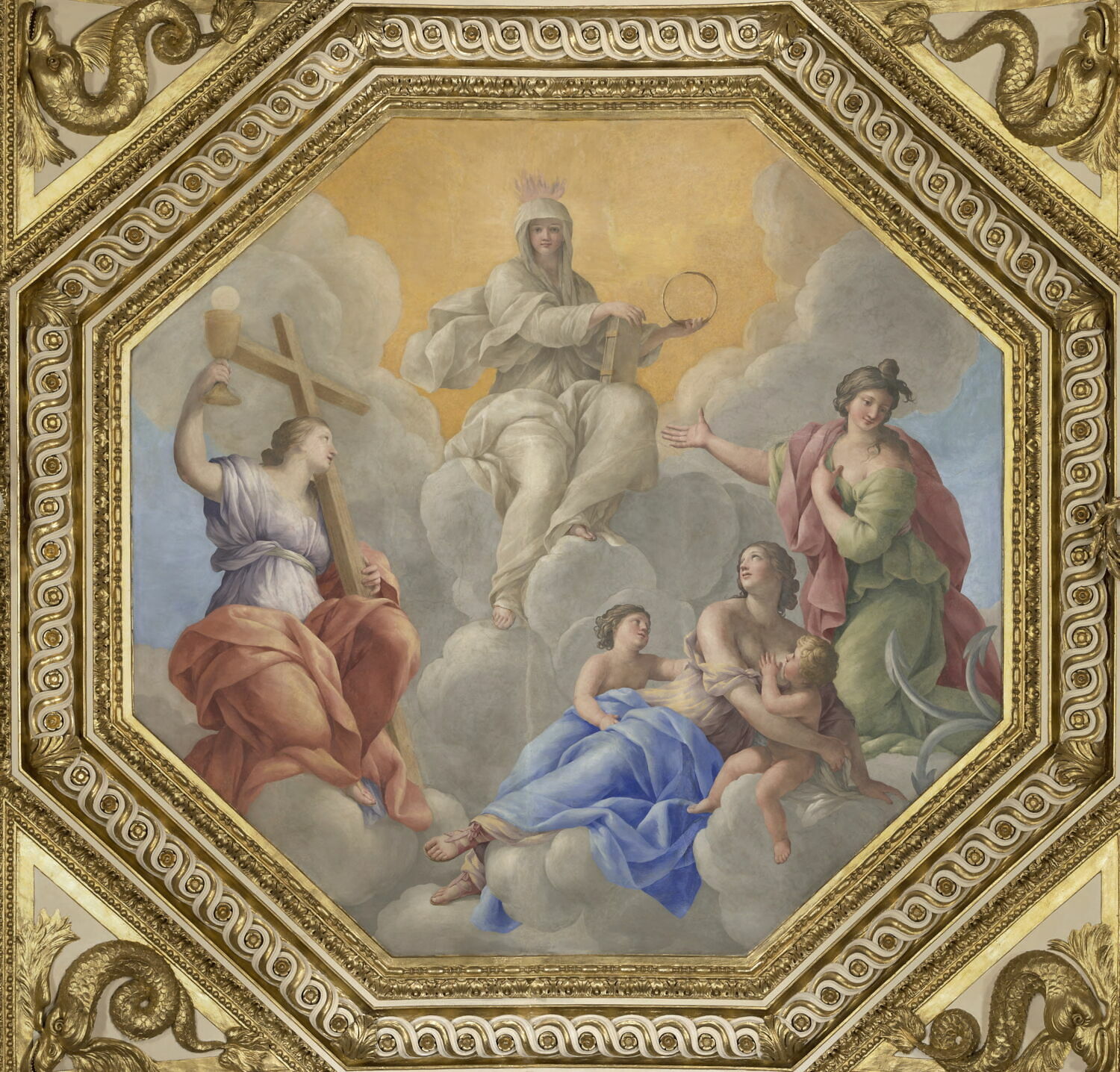 Plafond : Salle des Antonins - au centre de la voûte: la Religion et les Vertus théologales, Romanelli, Giovanni Francesco, 2e quart du XVIIe siècle (1625 - 1650)