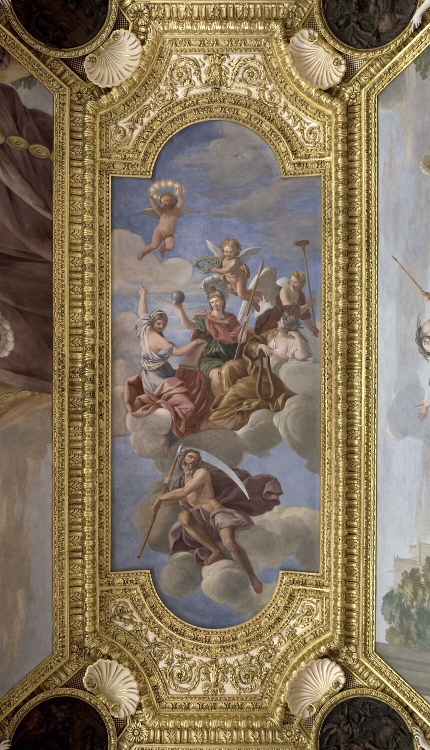Plafond : Salle de Septime Sévère - au centre de la voûte: la Poésie et l'Histoire célébrant les exploits de Rome, Romanelli, Giovanni Francesco, 2e quart du XVIIe siècle (1625 - 1650)