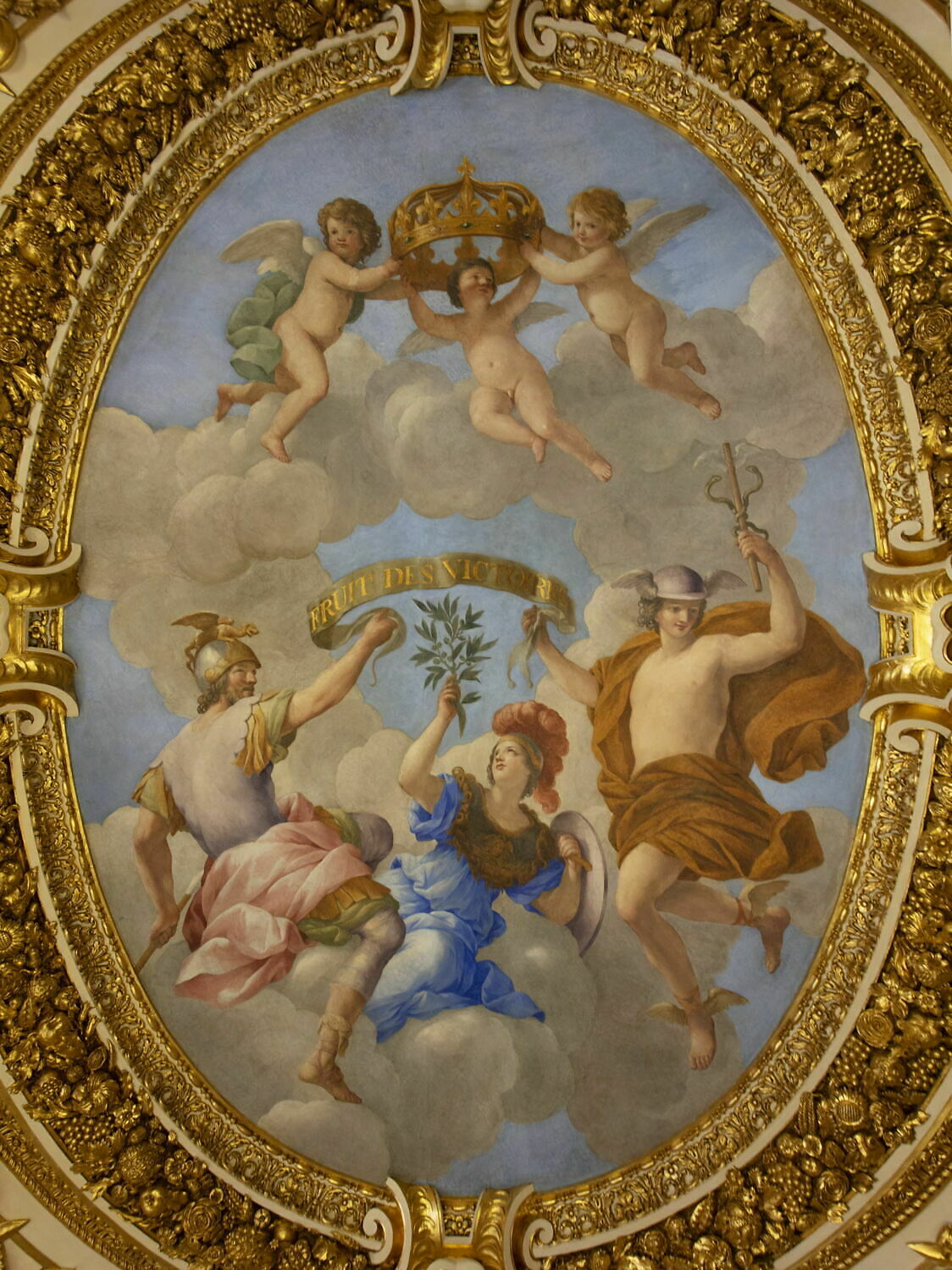 Plafond : Salon de la paix : au centre de la voûte: Allégorie du traite des Pyrénées ou La Paix fruit de la Guerre, Romanelli, Giovanni Francesco, 2e quart du XVIIe siècle (1625 - 1650)