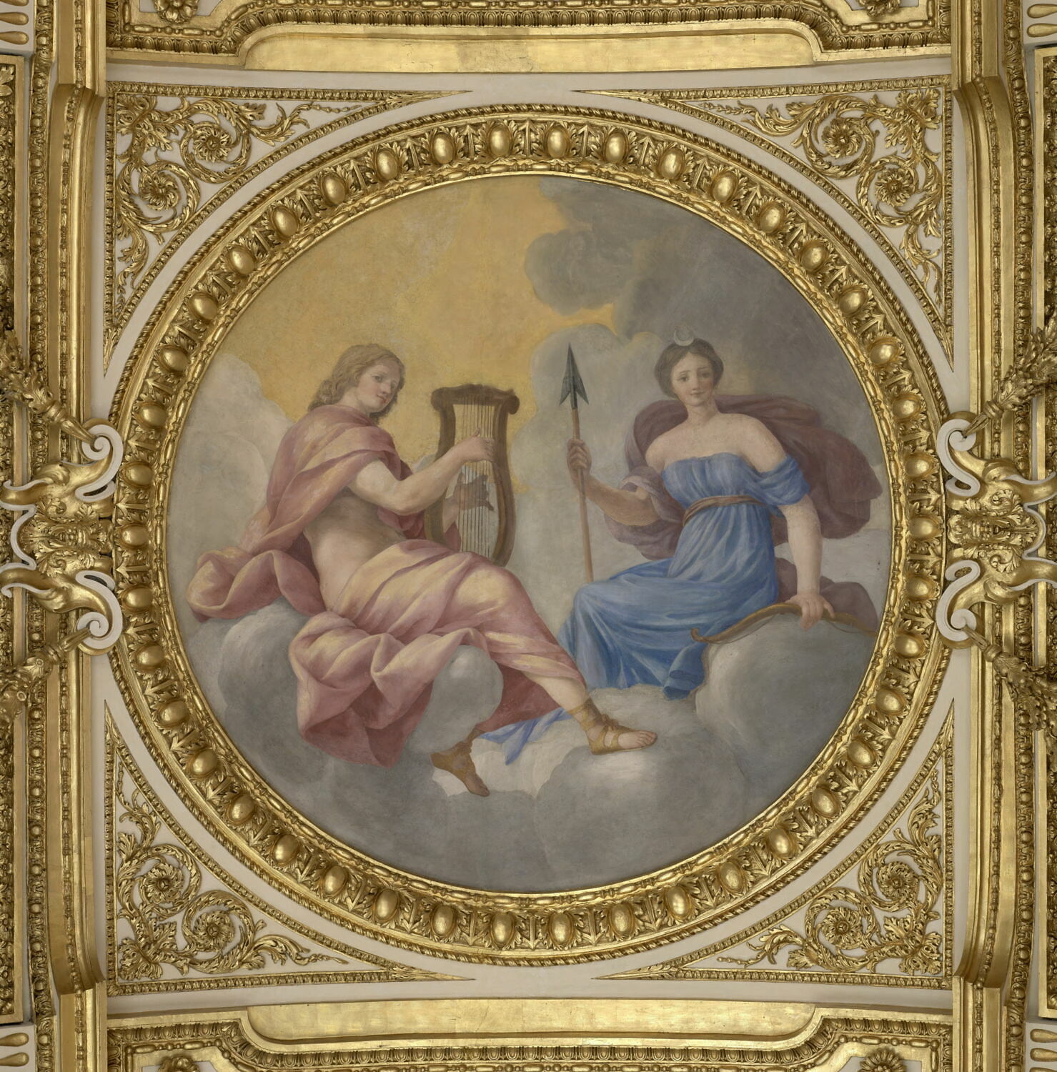 Plafond : Salle des Saisons - au centre de la voûte, composition circulaire: Apollon et Diane. A la voûte au dessus de la corniche, du sud vers le nord : Le Printems, Romanelli, Giovanni Francesco, 2e quart du XVIIe siècle (1625 - 1650)