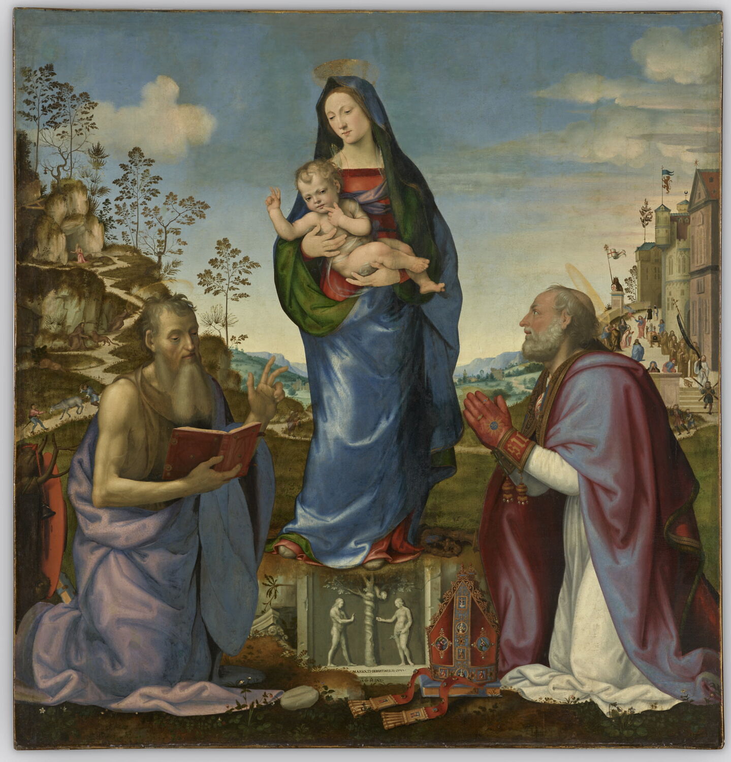 Saint Jérôme et saint Zénobe adorant l'enfant Jésus dans les bras de la Vierge, Albertinelli, Mariotto, 1e quart du XVIe siècle (1506)
