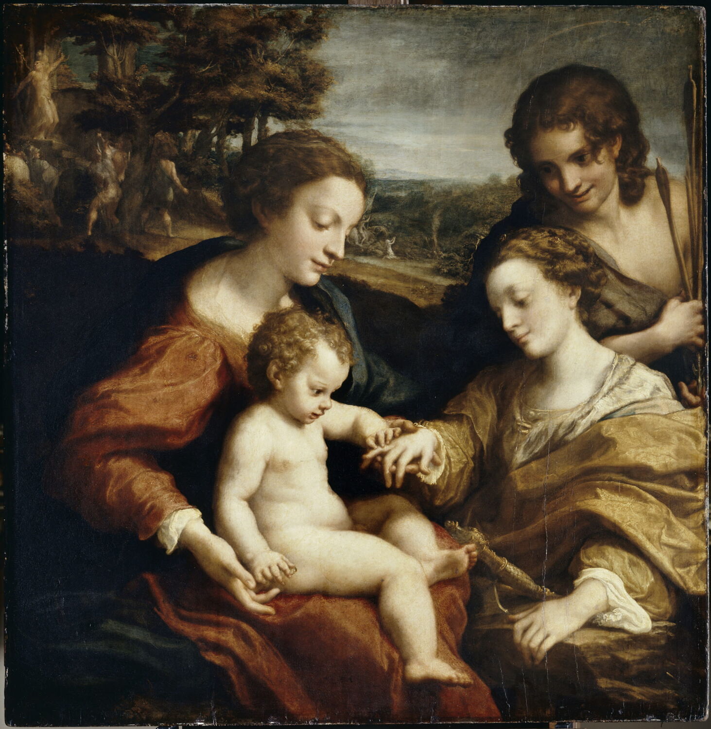 Le Mariage mystique de sainte Catherine d'Alexandrie en présence de saint Sébastien ; dans le paysage, martyres de deux saints, Corrège, 2e quart du XVIe siècle (vers 1526 - 1527)