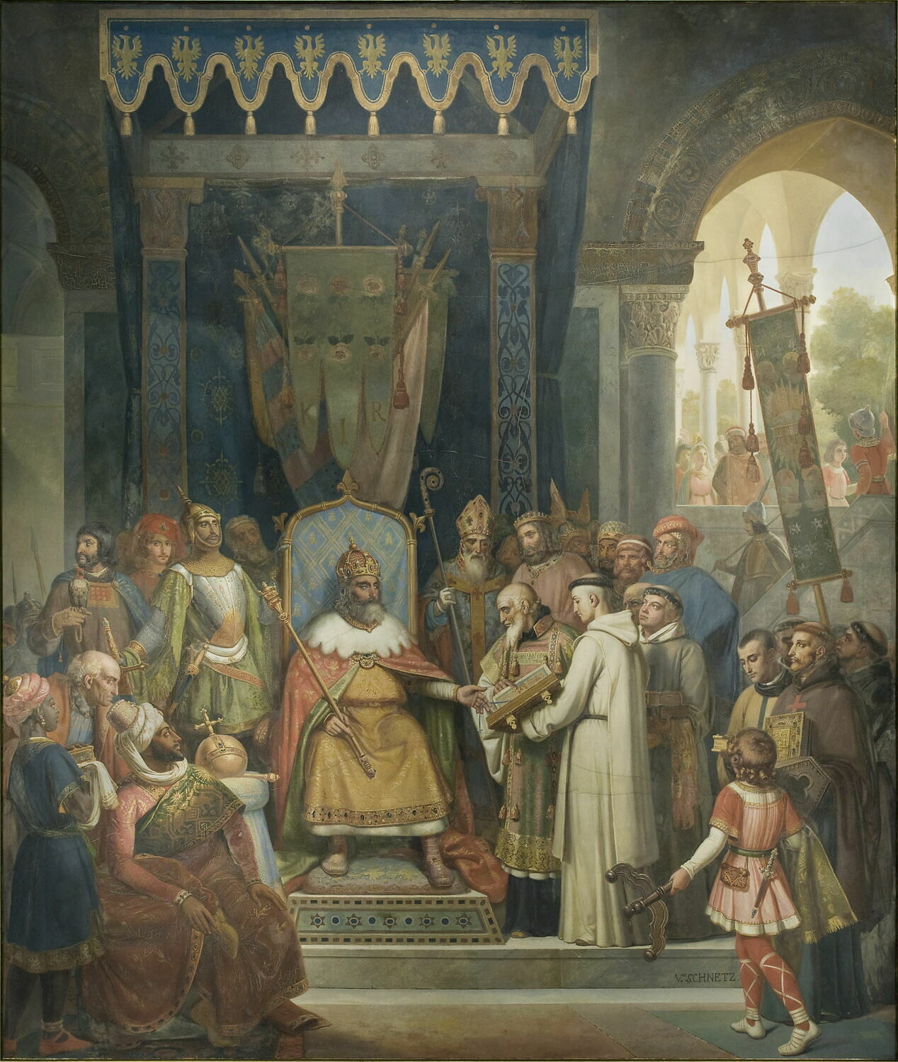 Plafond : Charlemagne, entouré de ses principaux officiers, reçoit Alcuin qui lui présente des manuscrits, ouvrage de ses moines, Schnetz, Jean Victor, 2e quart du XIXe siècle (1825 - 1850)