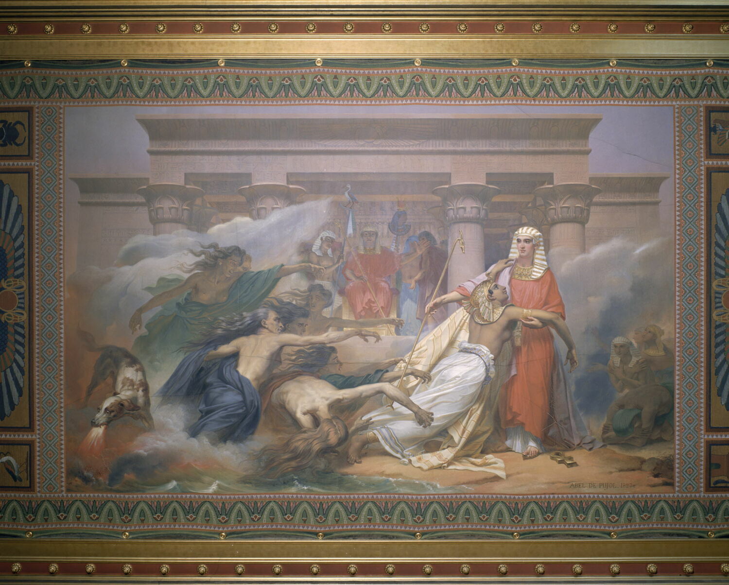 Plafond : L'Égypte sauvée par Joseph.
Voussures : quatre scènes de la vie de Joseph peintes en trompe-l'oeil de bas-relief en bronze (Joseph gardant les troupeaux ; Joseph vendu par ses frères ; Joseph expliquant le songe de Pharaon ; Joseph élevé au gouvernement de l'Égypte) cantonnées de seize allégories des coudées du Nil tenant des guirlandes de fruits., Abel de Pujol, Alexandre-Denis, 2e quart du XIXe siècle (1827)
