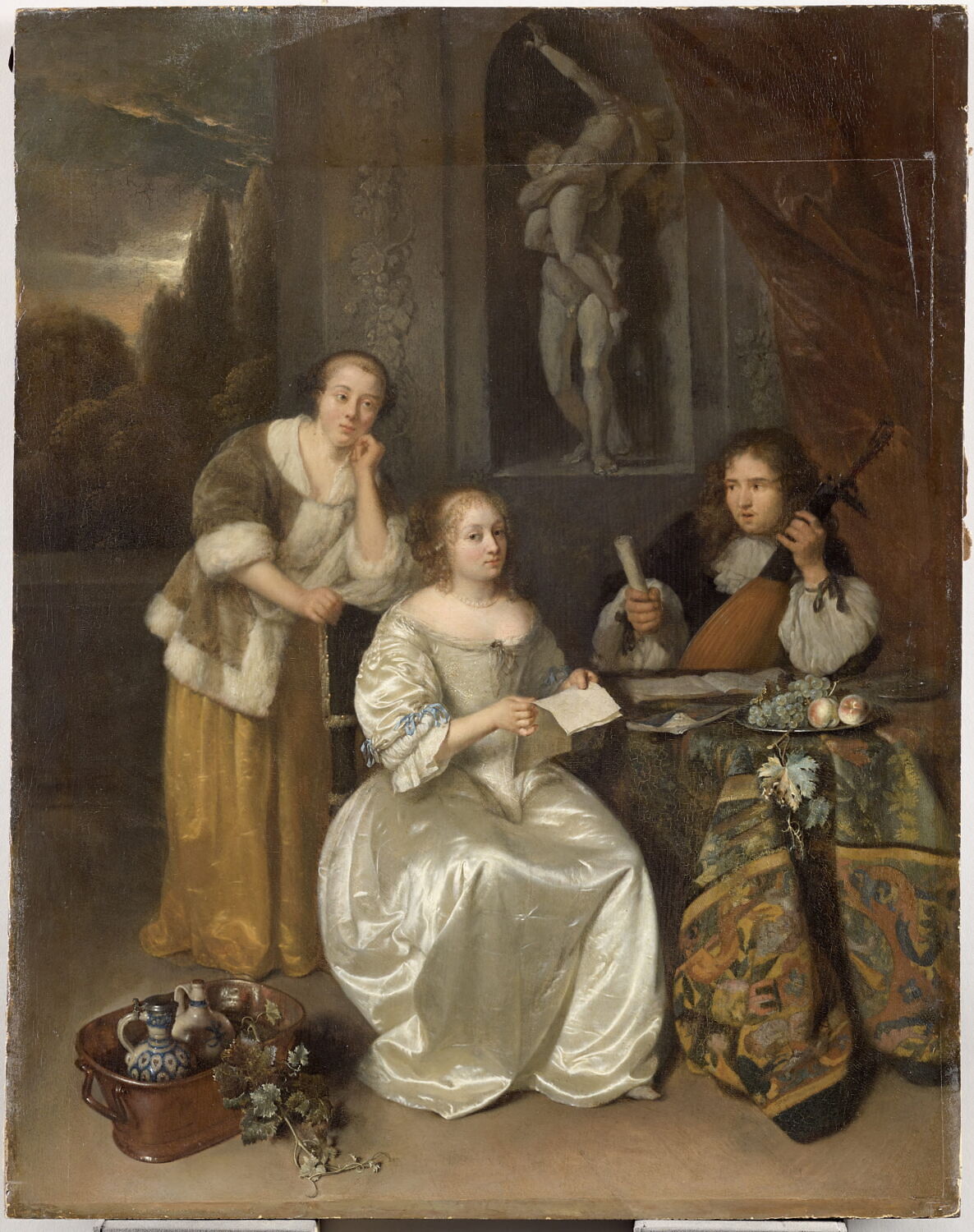 Duo entre une chanteuse et un joueur de théorbe, Netscher, Caspar, 3e quart du XVIIe siècle (À dater de 1664, suivant la date donnée par le dessin du musée du Petit Palais à Paris (Wieseman, p. 187 et fig. 59), qui montre les mêmes figures sur un tout autre fond, avec une indication de prix : 100 florins, laquelle peut se rapporter à un autre tableau.) (source documentaire ou archivistique) (1664)