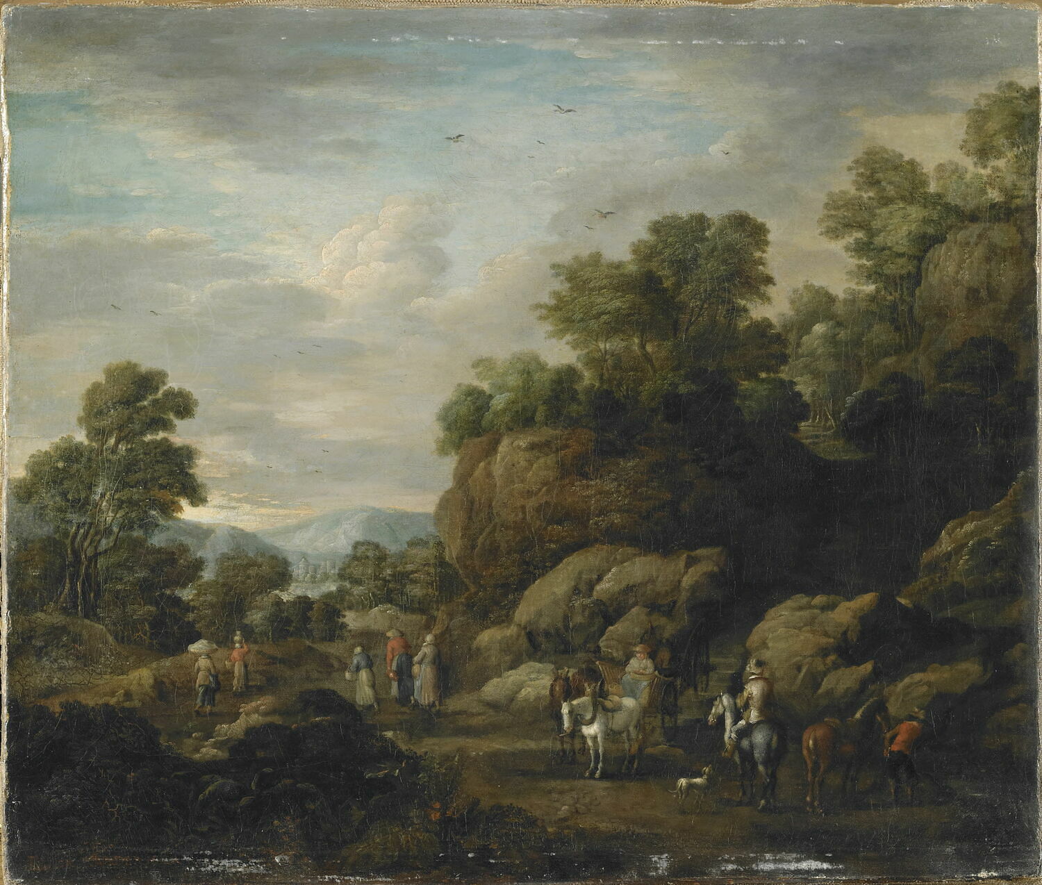 Paysage rocheux, avec chariot, cavalier et passants cheminant, Эглон Ван дер Нер, последняя четверть XVII века (1680)