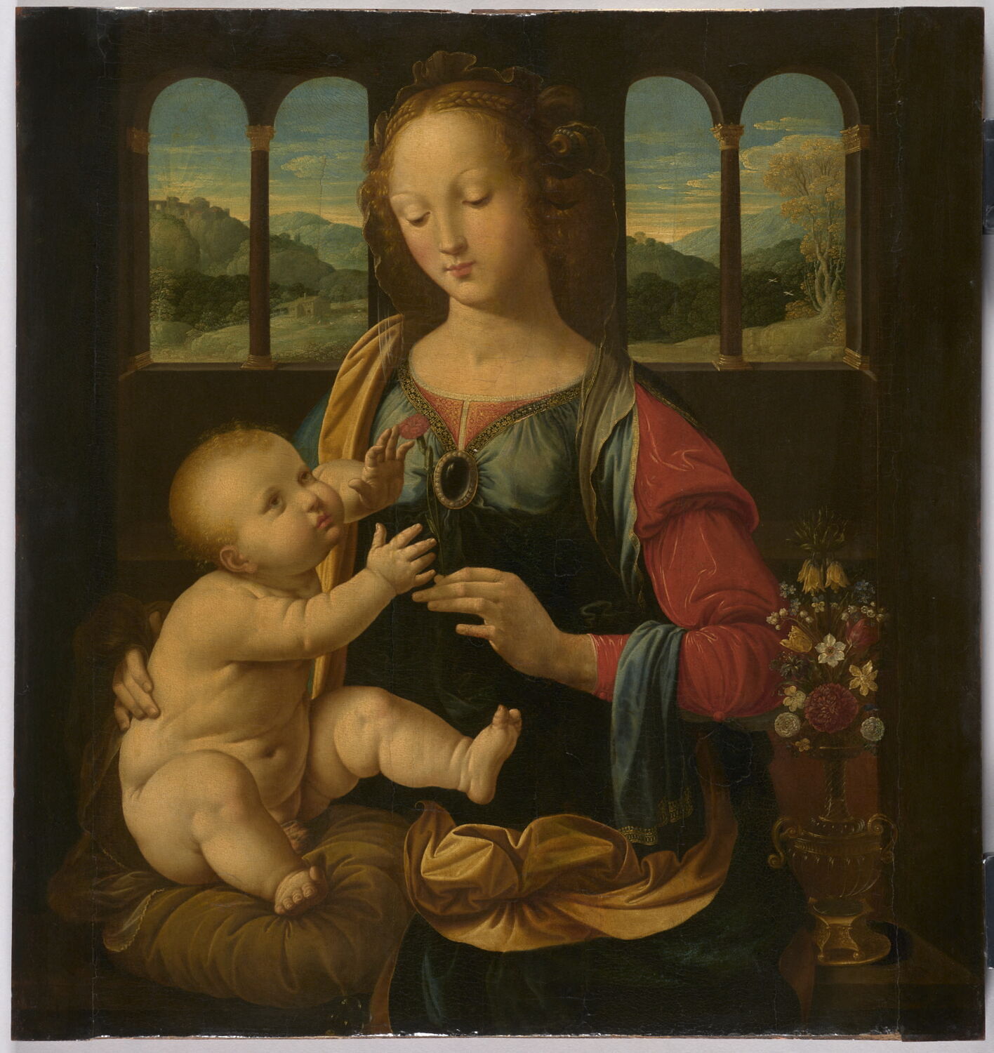 La Vierge et l'Enfant à l'oeillet (d'après Léonard de Vinci) avec, au fond, le motif de la citadelle de Dieu., König, Johann, XVIe siècle (1500 - 1600)