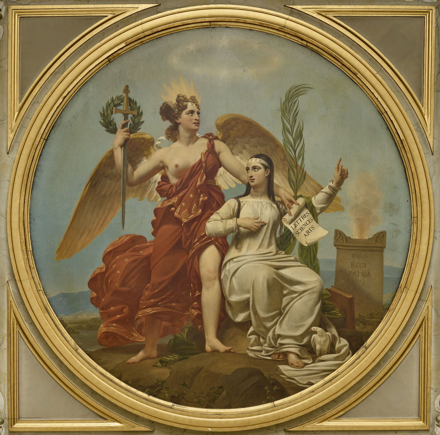 Plafond : La véritable Gloire s'appuie sur la Vertu (au centre). Mars, couronné par la Victoire, écoutant la Modération, arrête ses coursiers et baisse ses javelots (à gauche). Le Temps élève la Vérité vers les marches du trône, la Sagesse l'y reçoit, un génie naissant l'écoute, les armes royales sont à ses pieds (côté droit), Gros, Antoine-Jean Baron, 2e quart du XIXe siècle (1827)