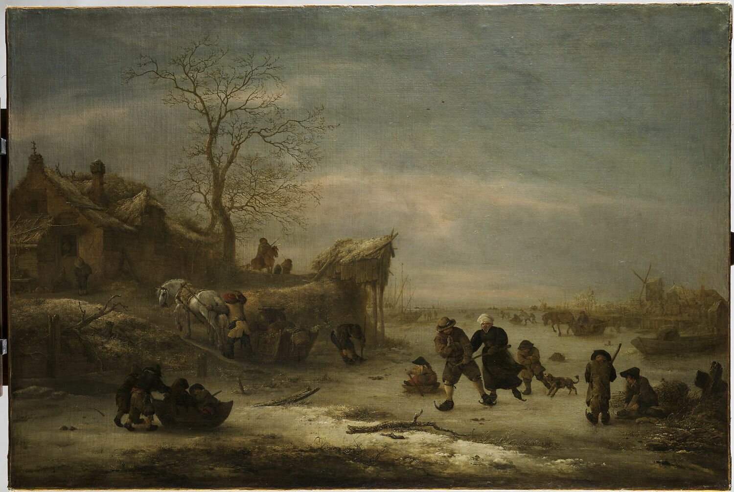 Rivière gelée avec couple patinant, Ostade, Isaack van, 2e quart du XVIIe siècle (1644 - 1647)