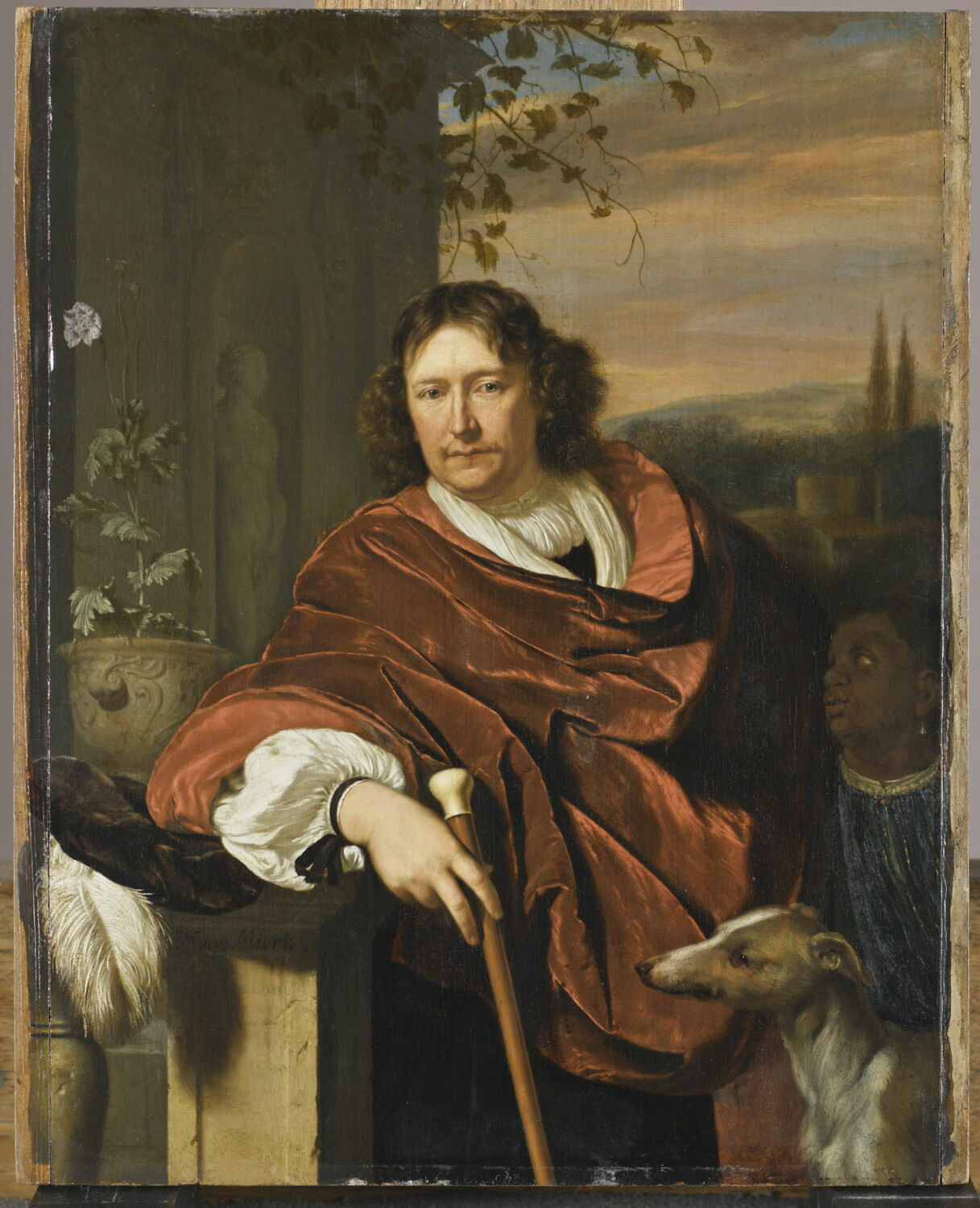 Portrait d'homme à la canne, avec un petit serviteur noir et un chien, Mieris, Frans van, XVIIe siècle (vers 1672 - 1673)