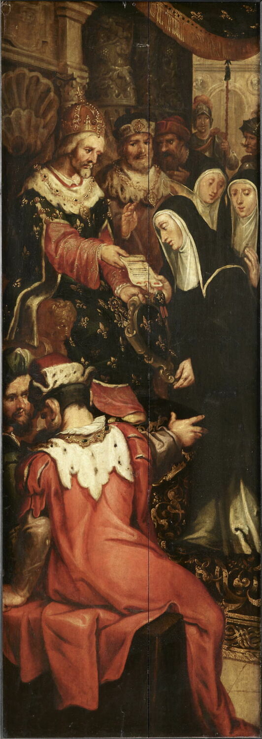 Portrait de l’abbé Antoine Blondel avec saint Antoine, son saint patron, 1632
Avers (face interne) d’un volet droit de retable 
Au revers (face externe) : L’Empereur Charlemagne (ou un roi de France ?) remettant une charte de fondation d’abbaye à une religieuse, Anonyme, 2e quart du XVIIe siècle (1632)