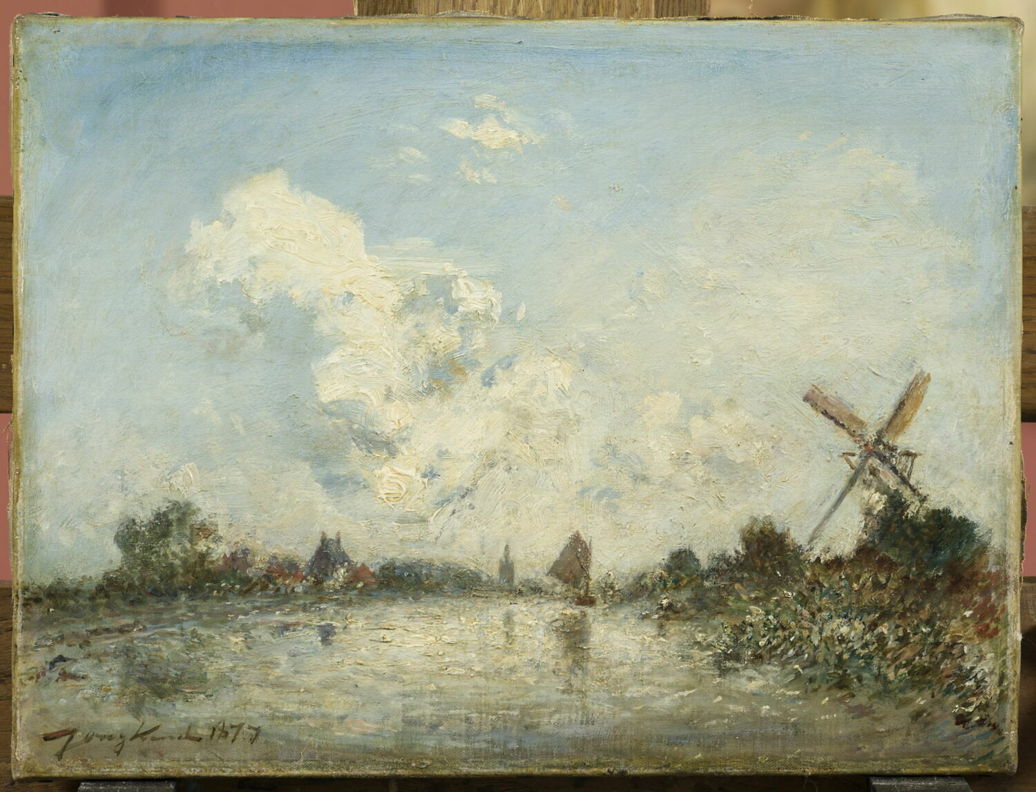 Cours d’eau en Hollande avec barque et moulin, Jongkind, Johan Barthold, 4e quart du XIXe siècle (1877)