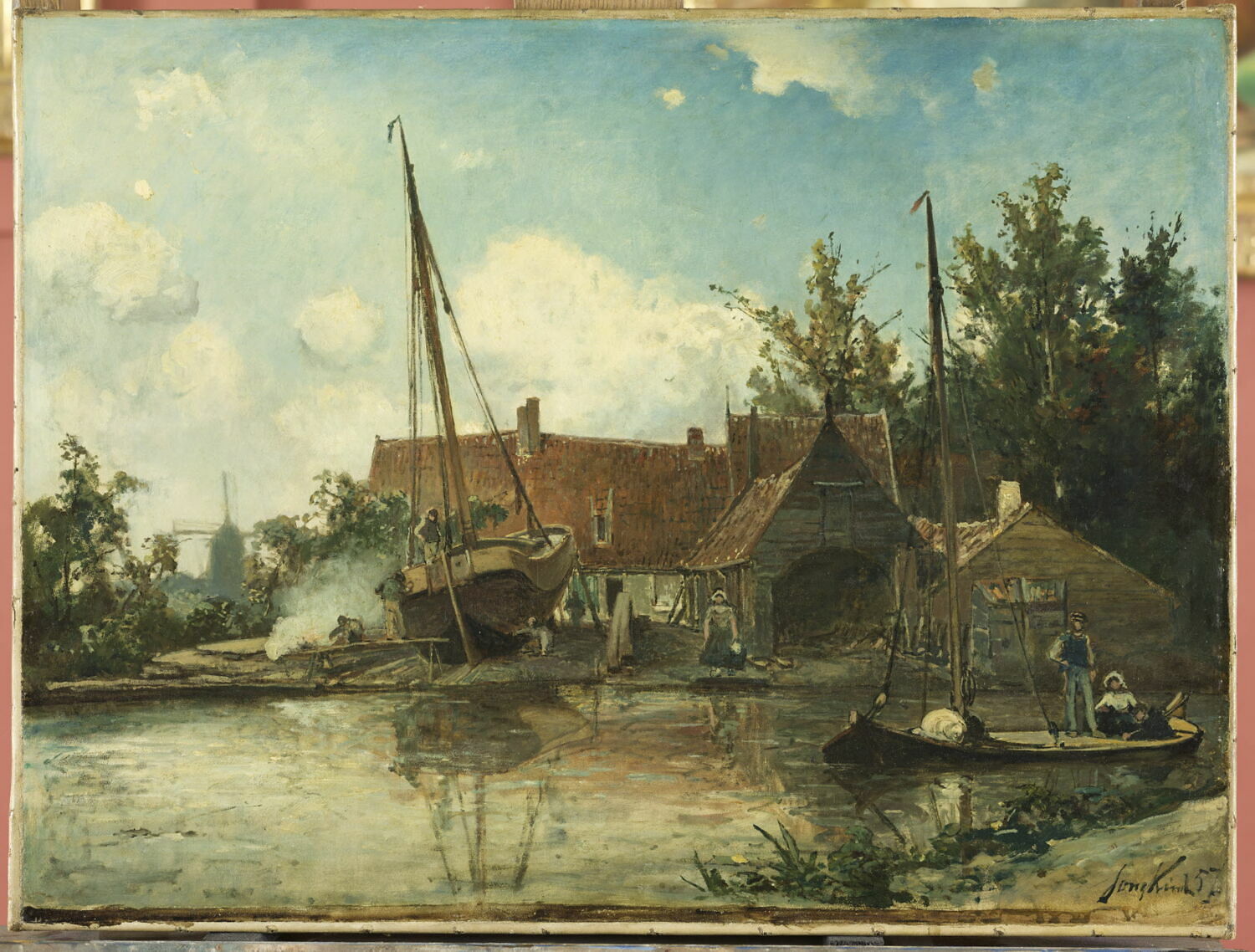 Cours d’eau hollandais avec une grosse barque au calfatage, Jongkind, Johan Barthold, 3e quart du XIXe siècle (1857)
