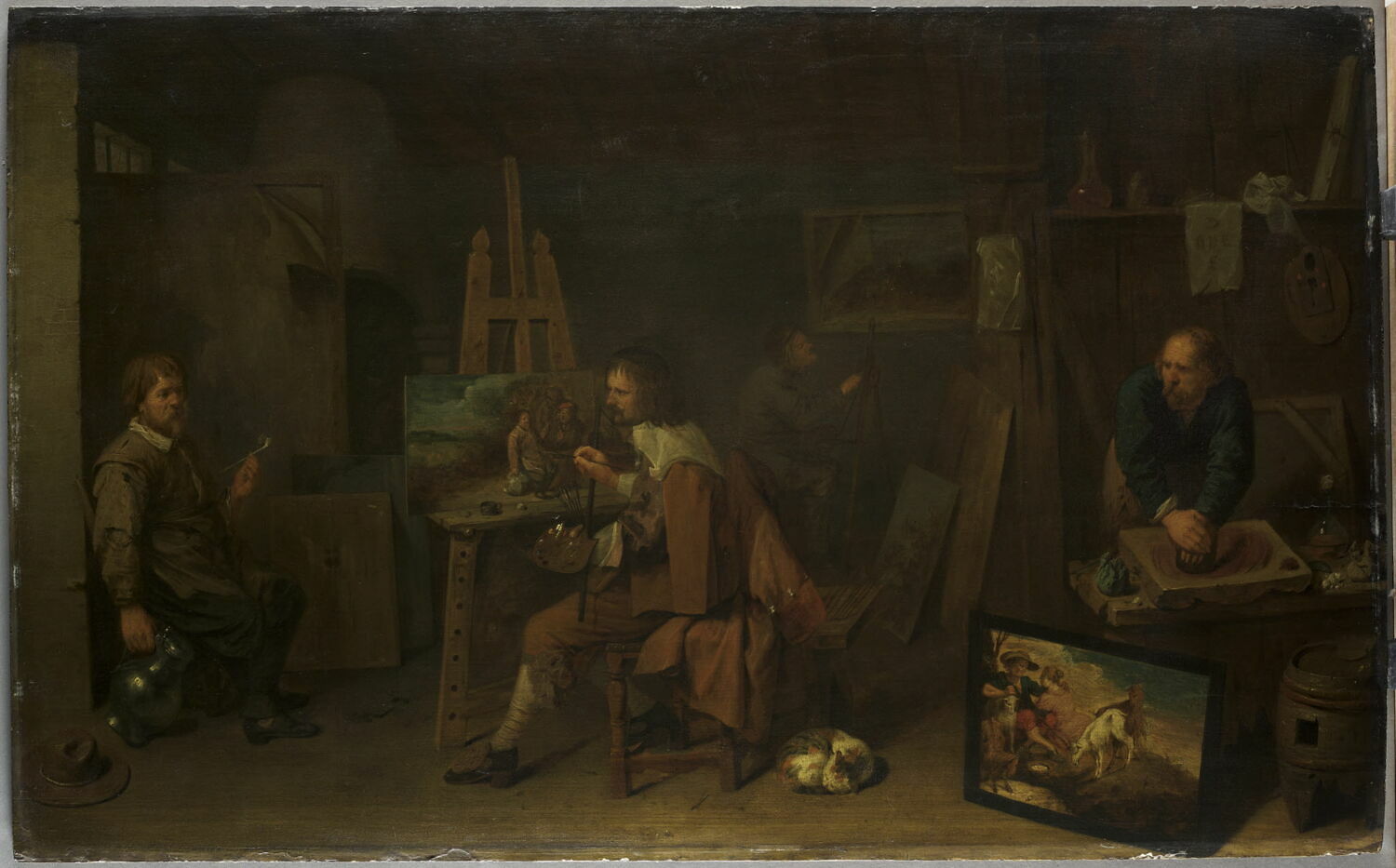 Atelier de peintre avec broyeur de couleurs et modèle en train de poser, Ryckaert, David III, 2e quart du XVIIe siècle (1638)
