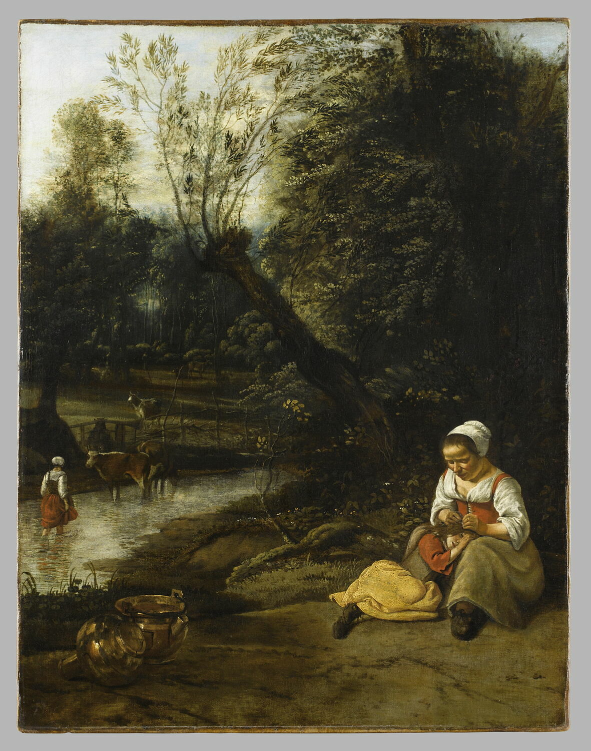 Femme épouillant une fillette au bord de l'eau, Siberechts, Jan, 2e moitié du XVIIe siècle (vers 1666 - 1667)