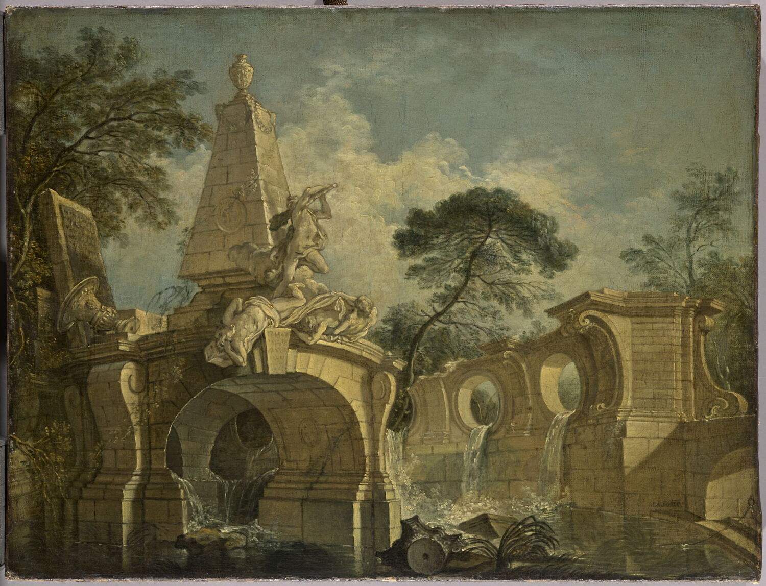 Paysage avec architectures de fantaisie, dit aussi Fontaine décorative avec une statue d'Hercule, Lajoue, Jacques de, 1e moitié du XVIIIe siècle (vers 1735)