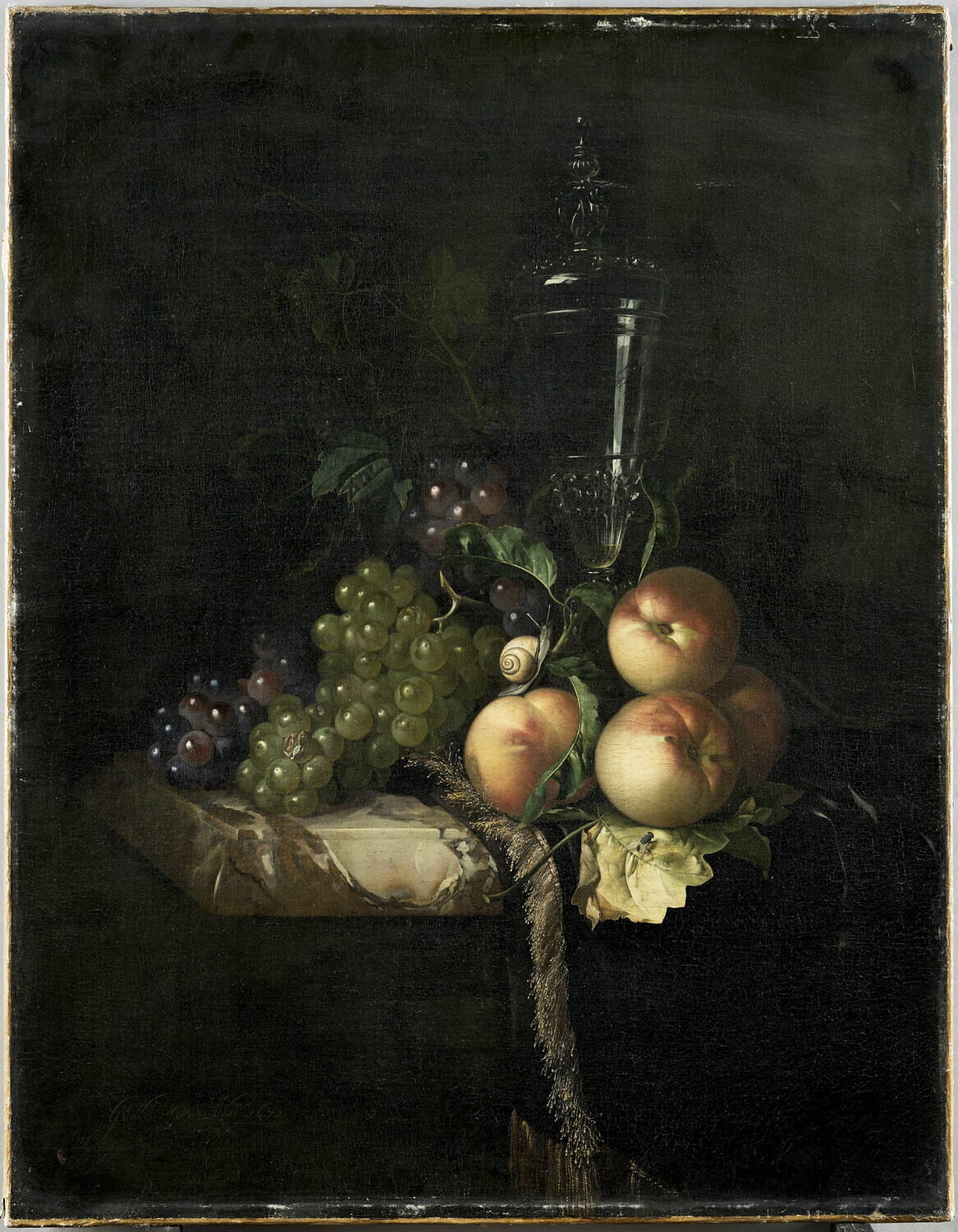 Raisins, pêches et grand verre, Aelst, Willem van, XVIIe siècle (1670)