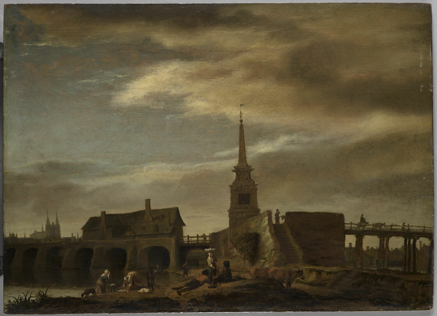 Le Pont des Treilles, sur la Maine à Angers, dit aussi Le Pont-Neuf à Angers, vu de l'amont, Doomer, Lambert, 2e moitié du XVIIe siècle (après 1646)