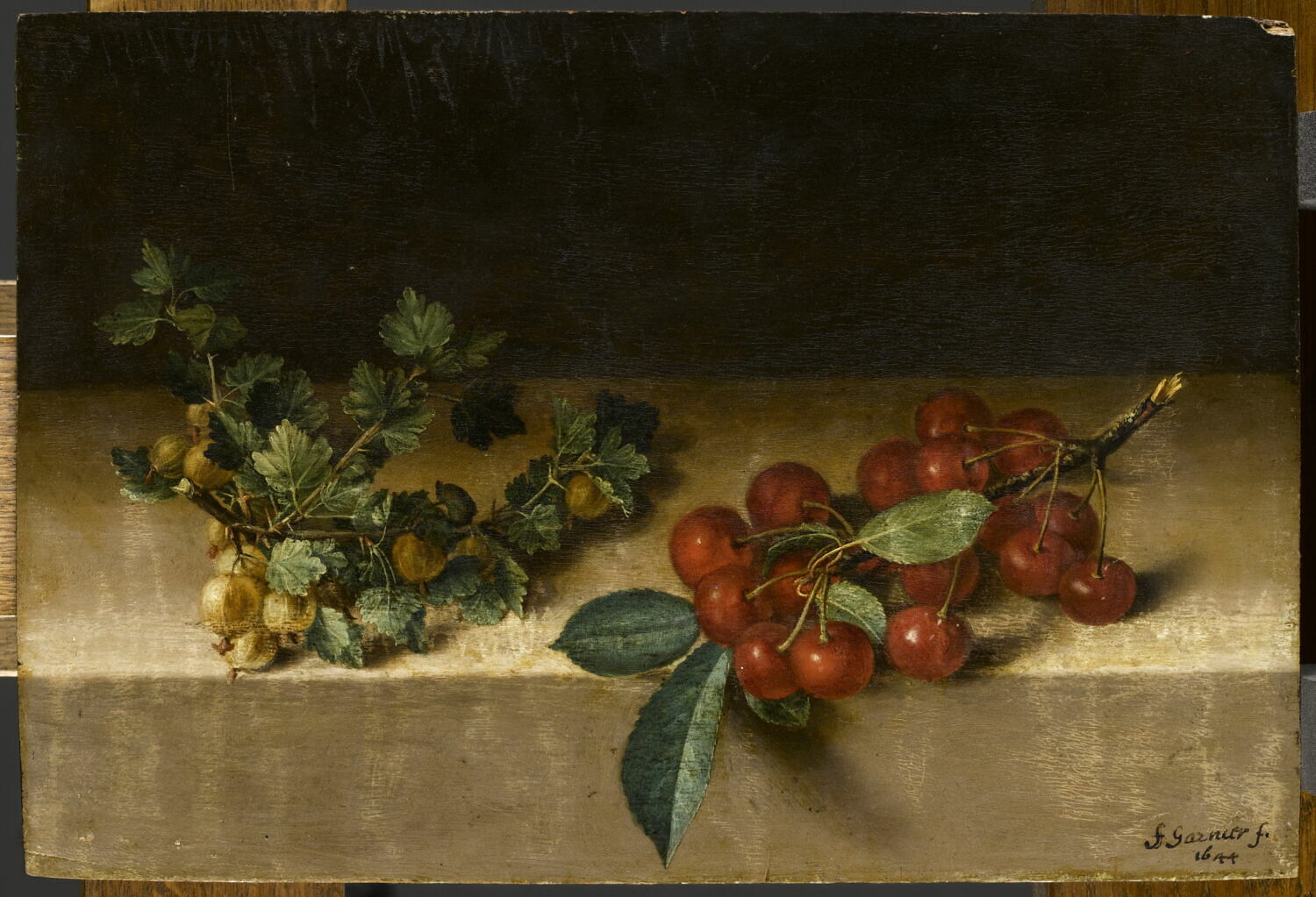 Fruits sur une table: groseilles à maquereau et cerises, Garnier, François, 2e quart du XVIIe siècle (1644)