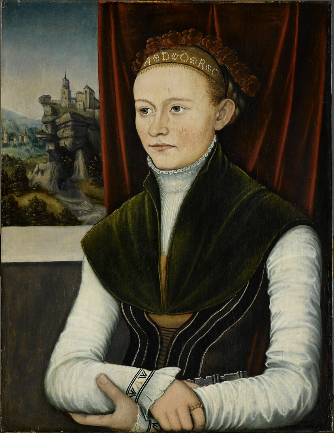 Portrait de jeune fille devant un rideau rouge, avec, à gauche, une fenêtre ouverte sur un paysage, Cranach l'ancien, Lucas, XVIe siècle (1500 - 1600 et vers 1540)