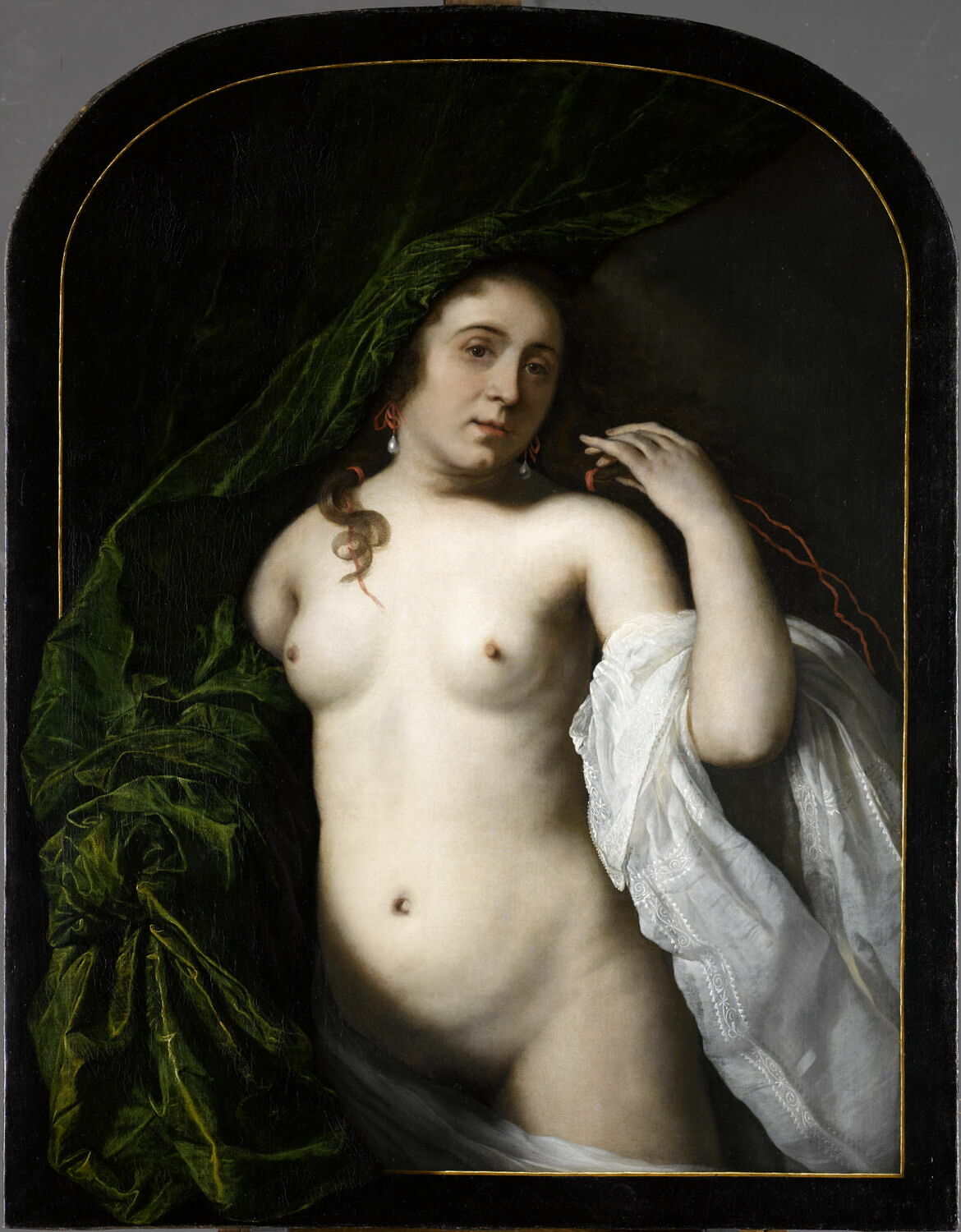 Jeune femme dévoilée soulevant une draperie, Helst, Bartholomeus van der, 3e quart du XVIIe siècle (1658)