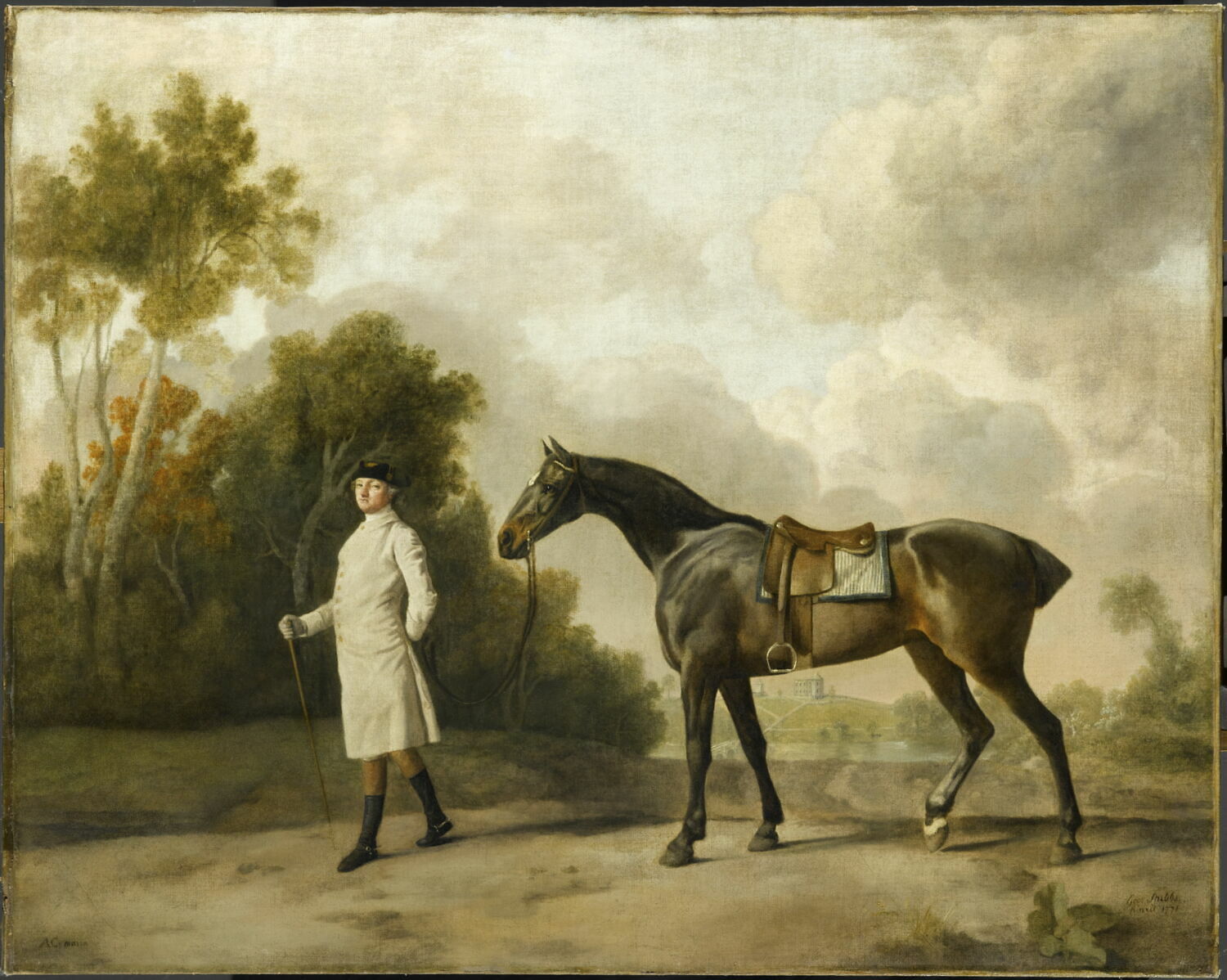 Portrait d’Assheton, 1er vicomte de Curzon, avec sa jument Maria, devant le château d’Hagley Hall, Stubbs, George, 3e quart du XVIIIe siècle (1771)