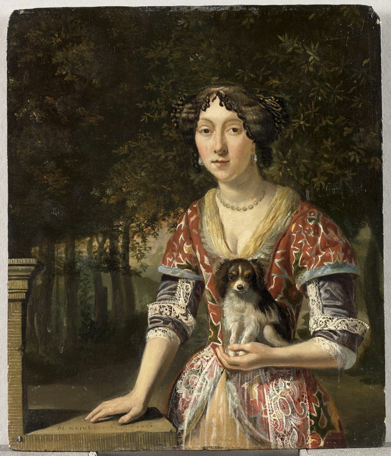 Portrait d'une jeune femme tenant un petit chien, sur fond agreste, Naiveu, Matthijs, XVIIe siècle (1678)