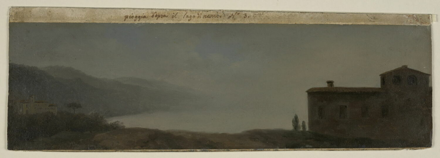 Le Lac de Nemi sous la pluie; dit aussi : pluie sur le P[alais] de Nemi, Valenciennes, Pierre de, 4e quart du XVIIIe siècle (vers 1782 - 1784)