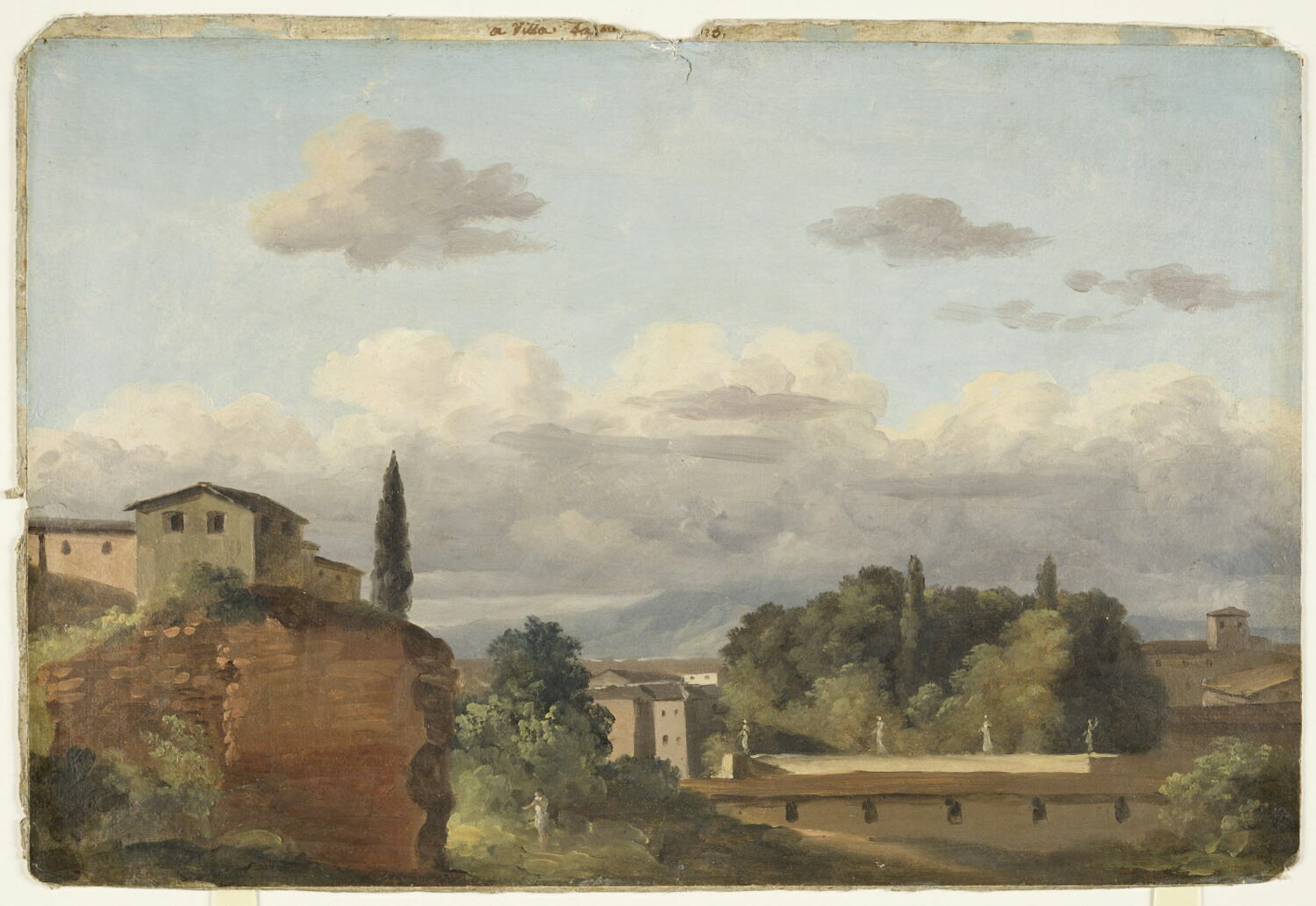 À la villa Farnèse: bâtiments entourés d'arbres, Valenciennes, Pierre de, 4e quart du XVIIIe siècle (vers 1782 - 1784)