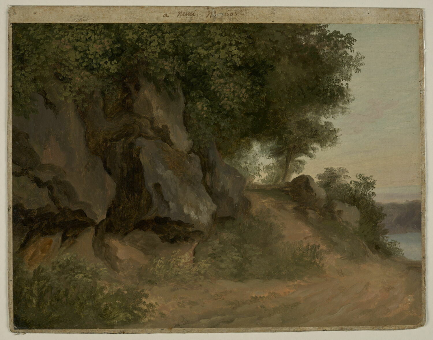 Chemin rocheux près du lac de Nemi, dit aussi : Nemi. Rochers, Valenciennes, Pierre de, 4e quart du XVIIIe siècle (vers 1782 - 1784)