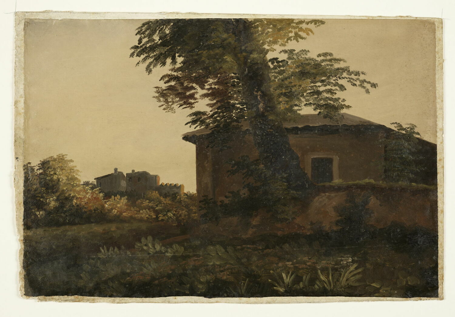 À la Villa Farnèse: arbre devant une maison rustique, Valenciennes, Pierre de, 1e quart du XIXe siècle (1800 - 1825)