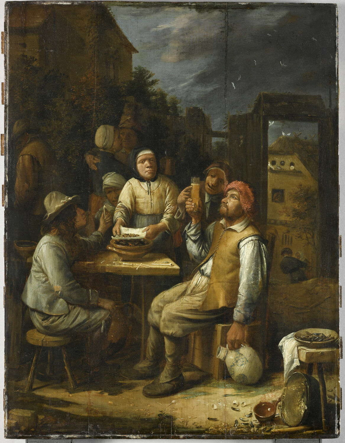 Fumeurs et buveurs près d'une maison, dit aussi Les mangeurs de moules, Craesbeeck, Joos van, 1e moitié du XVIIe siècle (1626)