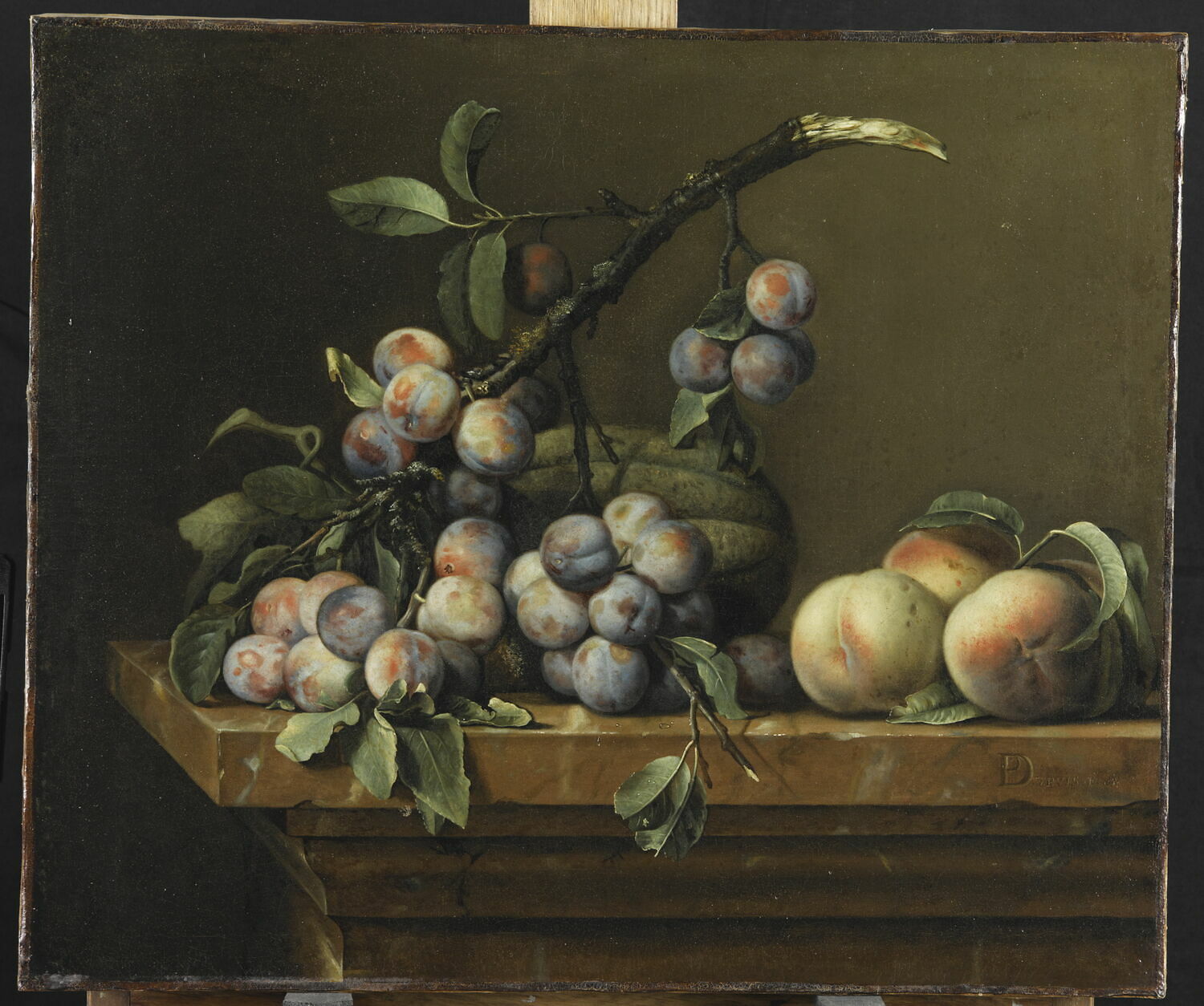 Prunes, courge et pêches sur un entablement de marbre, Dupuis, Pierre, Milieu du XVIIe siècle (1650)