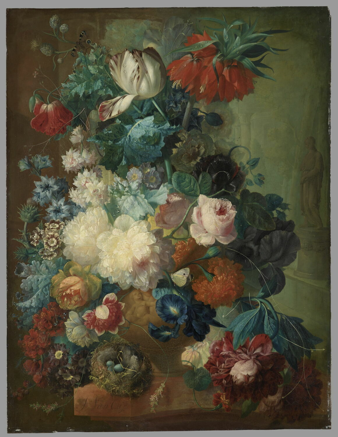 Fleurs dans un vase et nid d'oiseau sur fond de parc avec statues, Os, Jan van, Fin du XVIIIe siècle (1760 - 1800)