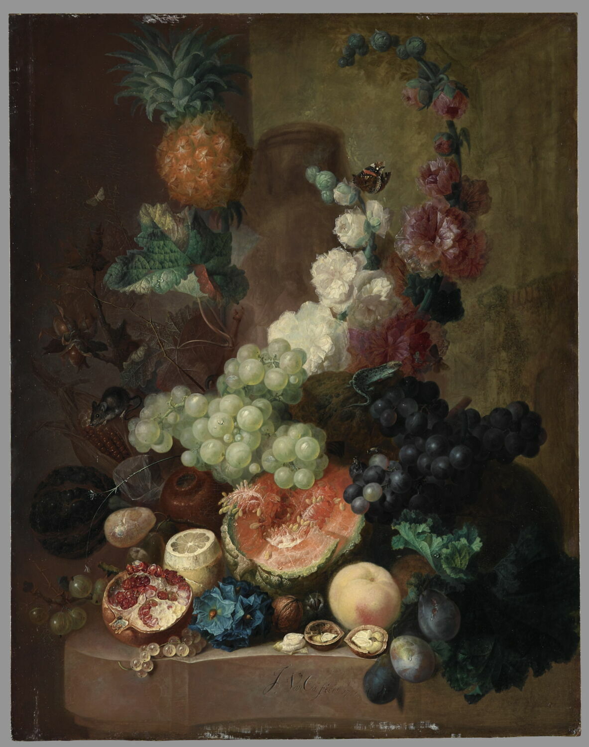 Fleurs et fruits sur une corniche de pierre, avec souris et lézard, Os, Jan van, 3e quart du XVIIIe siècle (1771)