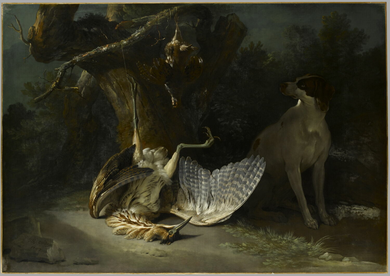 Butor et perdrix gardés par un chien blanc, Oudry, Jean-Baptiste, 2e quart du XVIIIe siècle (1747)