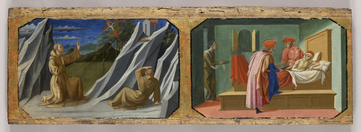 Saint François d' Assise recevant les stigmates, saint Cosme et saint Damien soignant un malade, Pesellino, 1e moitié du XVe siècle (1400 - 1450)