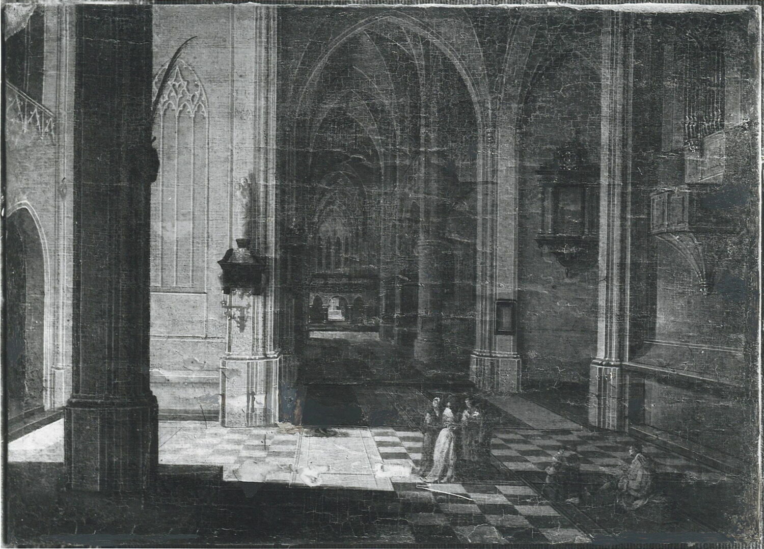 Intérieur d'église: groupe de personnages conversant à l'entrée d'une nef, Neefs, Pieter I, 1e moitié du XVIIe siècle (1644)
