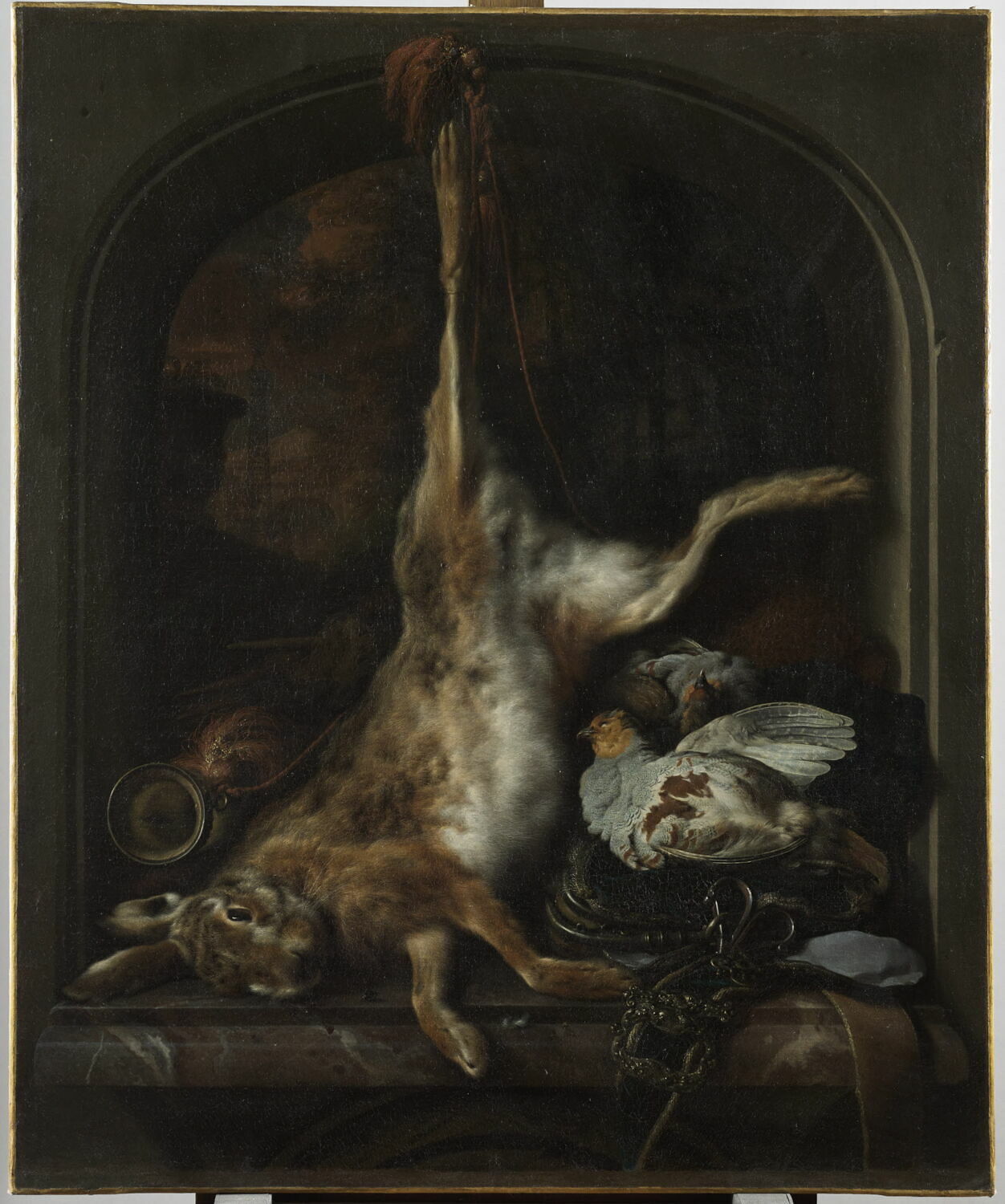Gibier et ustensiles de chasse disposés sur le rebord d'une fenêtre, Weenix, Jan, XVIIe siècle (1691)